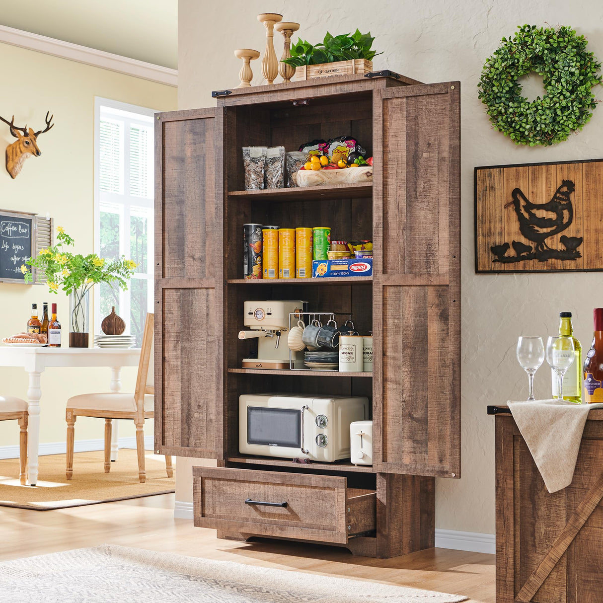 JXQTLINGMU Farmhouse Kitchen Pantry Cabinet - 72" Tall Wood Kitchen Storage Cabinets with Adjustable Shelves & 2 Barn Doors & Drawer, Versatile Storage for Dining Room, Bathroom, Light Brown JXQTLINGMU