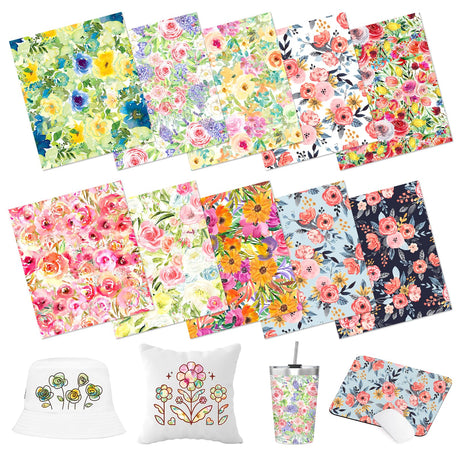 HTVSTD Floral Sublimation Transfer Ink Paper 10 Sheets 12inches * 10inches Watercolor Sublimation Paper Flower Transfer Sheets for Mugs Tumblers DIY HTVSTD
