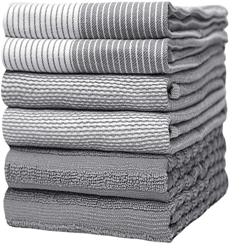 Premium Kitchen Towels (20”x 28”, 6 Pack) | Large Cotton Kitchen Hand Towel | Flat & Terry Dish Cloths | Highly Absorbent Tea Towels Set with Hanging Loop | Gray Bumble Towels