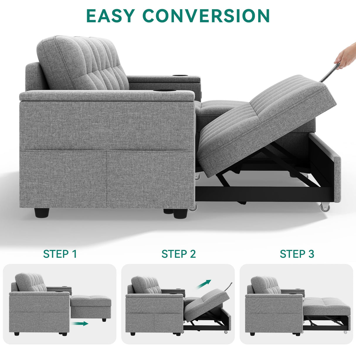 YITAHOME Sleeper Sofa, L-Shaped Sofa Couch w/Chaise & USB, 4-seat Fabric Convertible Couch Bed w/Pull Out Bed & Storage, Reversible Sectional Sofa for Living Room, Light Gray YITAHOME