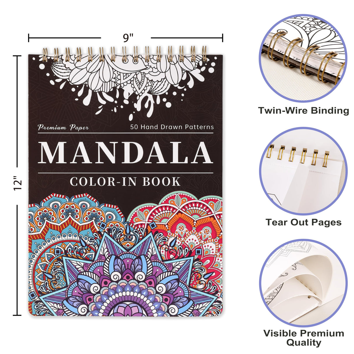 Mandala Coloring Book for Adults - 9" x 12" Coloring Book Spiral Bound, 50 Hand Drawn Mandalas Patterns for Relaxation & Stress Relief, Mindfulness Gifts Appointime