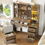 AOGLLATI Farmhouse Vanity Desk with Mirror and Lights, Makeup Vanity Set with Lights & Jewelry Cabinet & 5 Drawers, Vanity Table with Charging Station, Hidden Storage Space for Bedroom, Brown AOGLLATI