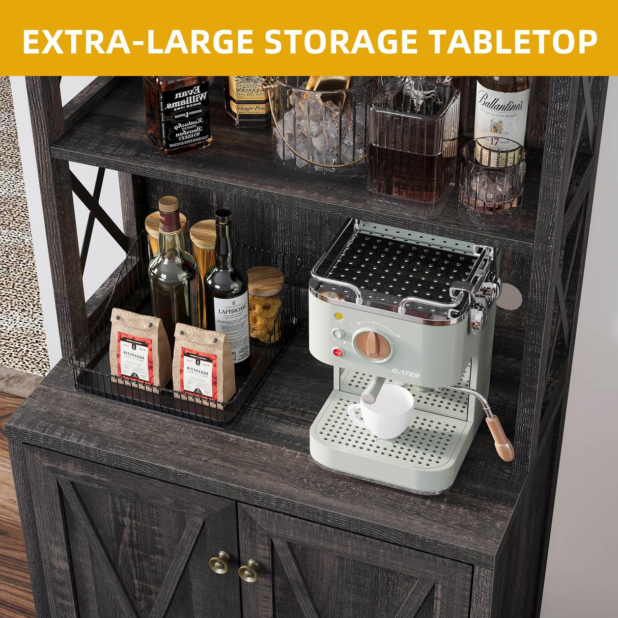 DWVO 67" Tall Wine Bar Cabinet for Liquor and Glasses, Farmhouse Kitchen Cabinet Coffee Bar with Adjustable Shelves, Open Storage Shelves, Buffet Kitchen Cabinet for Dinning Room, Kitchen, Rustic Oak DWVO