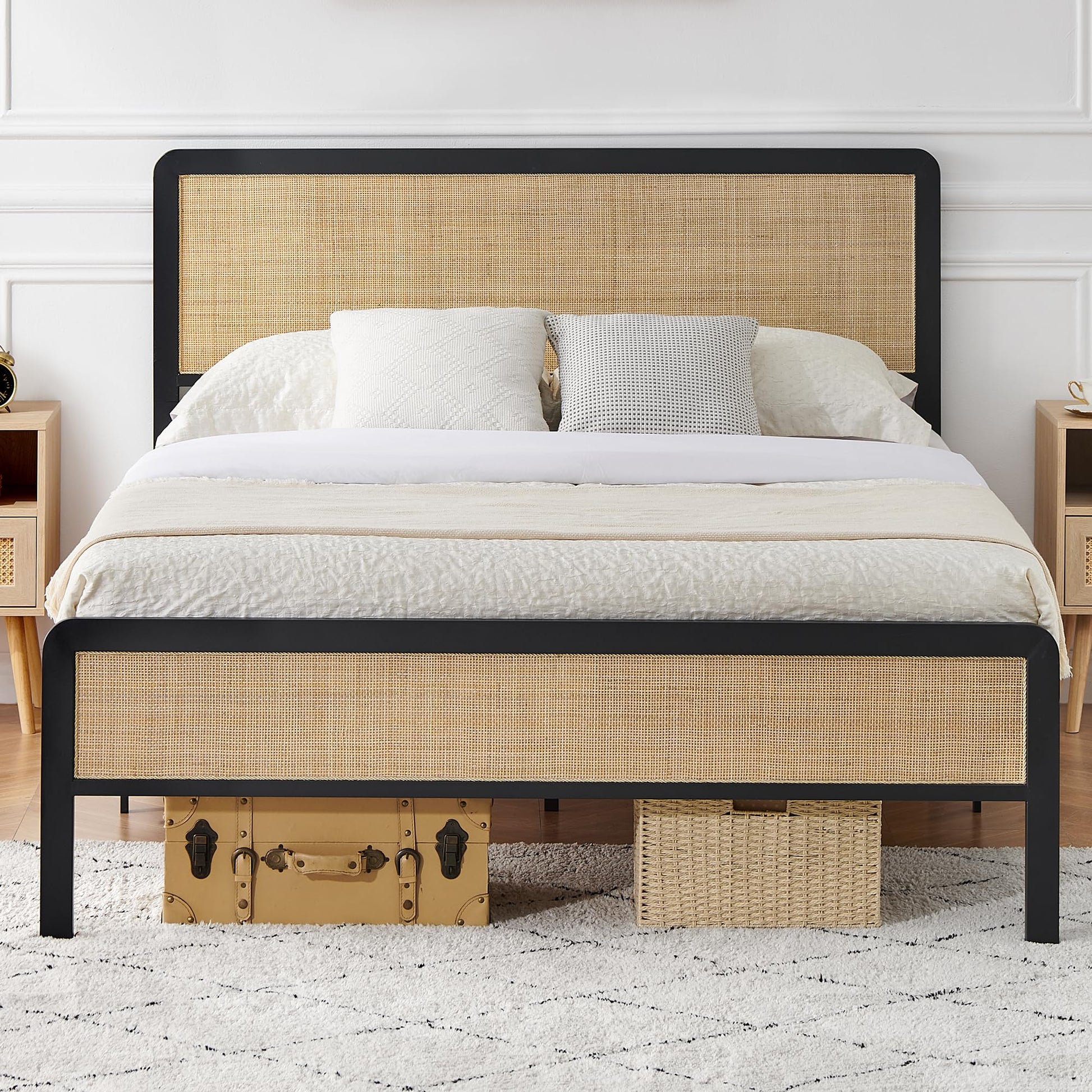 GAOMON Queen Size Metal Platform Bed Frame with Natural Rattan Headboard, Footboard, and Under-Bed Storage - WoodArtSupply