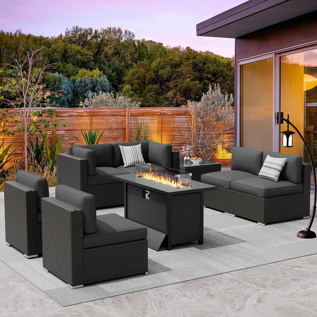 Crownland 8-Piece Outdoor Patio Furniture Sets with 45” Propane Gas Fire Pit Table, All-Weather Black Wicker Rattan Sectional Sofa with Coffee Table(Grey) Crownland