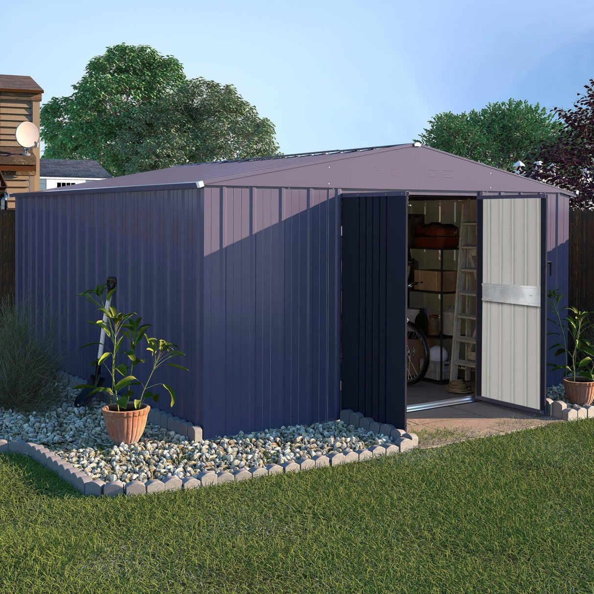 MUPATER Shed Outdoor Storage 10 x10 FT, Metal Shed Kit with Lockable Doors and Vents, Garden Furniture Tools Storage Shed House for Backyard, Patio and Lawn, Grey MUPATER