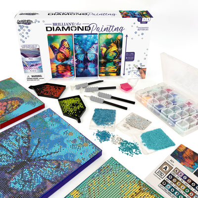 ArtSkills Diamond Painting Kit, Diamond Art Ready to Hang Framed Canvas with Storage and Accessory Kit, Enchanted Butterflies, 3 Stretched Canvas Panels, 14” x 7” Each