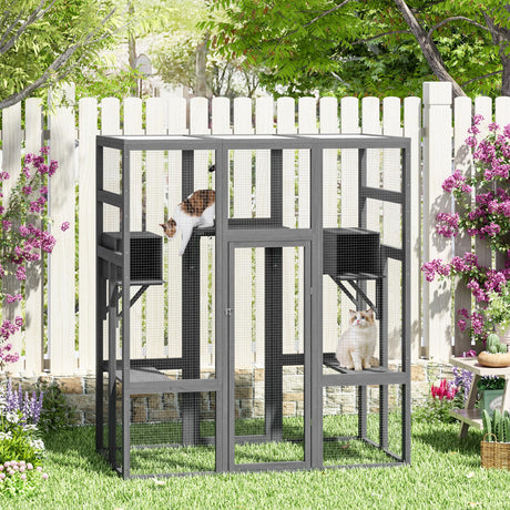 coivvovv Large Cat House Outdoor Catio - Cat Play & Run Enclosures Indoor Kitty Window Cage with Waterproof Roof, 7 Platforms & 2 Resting Box, UV Resistant, 62.4" L x 32.4" W x 70.1" H, Grey cozivvovv