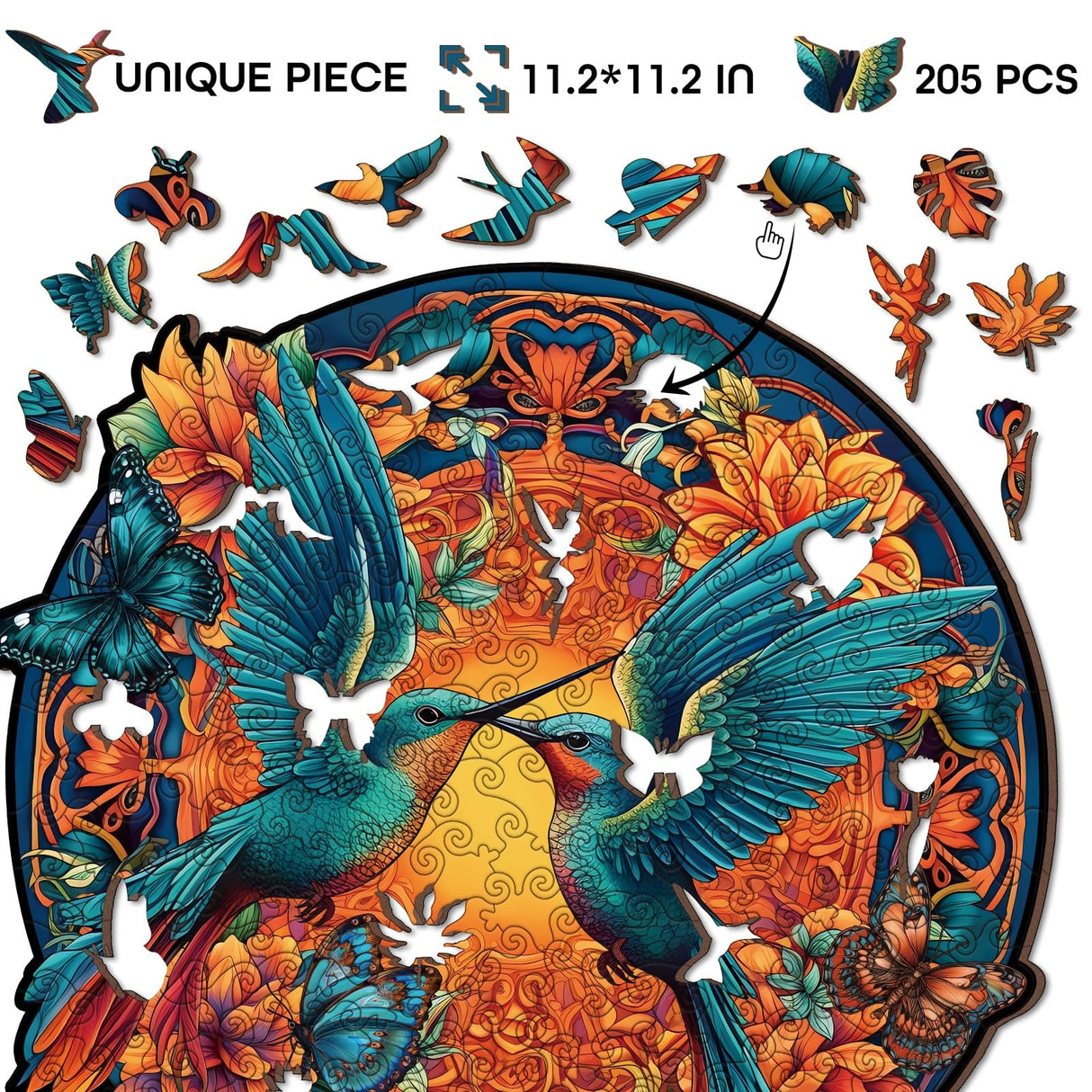 Mandala Hummingbird Wooden Puzzles, Bird Hard Jigsaw Puzzles for Adults, Gradient Flower Wood Puzzle BBOLDIN