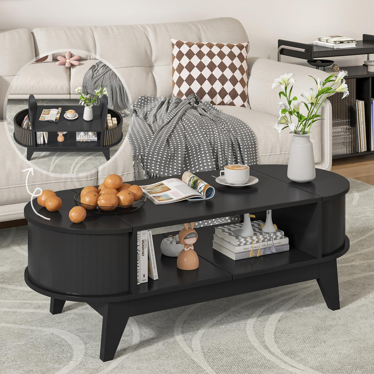 Coffee Table with 2 Hidden Storage,Mid Century Modern Coffee Table with Fluted Finish,Wood Center Tables Oval Coffee Tables with Flip-Top Lids for Living Room Home Office (Black) Mxtxmy