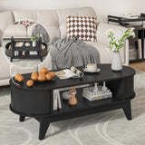 Coffee Table with 2 Hidden Storage,Mid Century Modern Coffee Table with Fluted Finish,Wood Center Tables Oval Coffee Tables with Flip-Top Lids for Living Room Home Office (Black) Mxtxmy