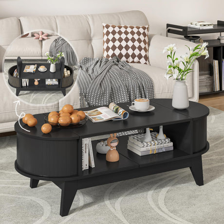 Coffee Table with 2 Hidden Storage,Mid Century Modern Coffee Table with Fluted Finish,Wood Center Tables Oval Coffee Tables with Flip-Top Lids for Living Room Home Office (Black) Mxtxmy