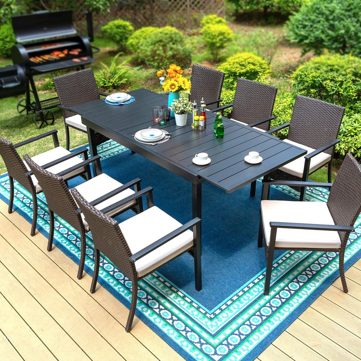 PHI VILLA 9 Piece Outdoor Dining Set for 8, Expandable Metal Dining Table & Cushioned Rattan Chairs for Patio, Deck, Yard PHI VILLA