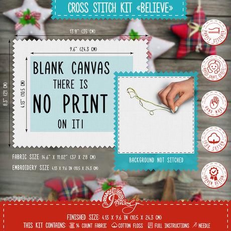 Counted Cross Stitch Kit 'Believe' - Embroidery Set for The Holidays, Encouragement, or Inspiring Everyday Possibilities with a Christmas Tree, Snowflake, Deer and Santa Hat Povitrulya