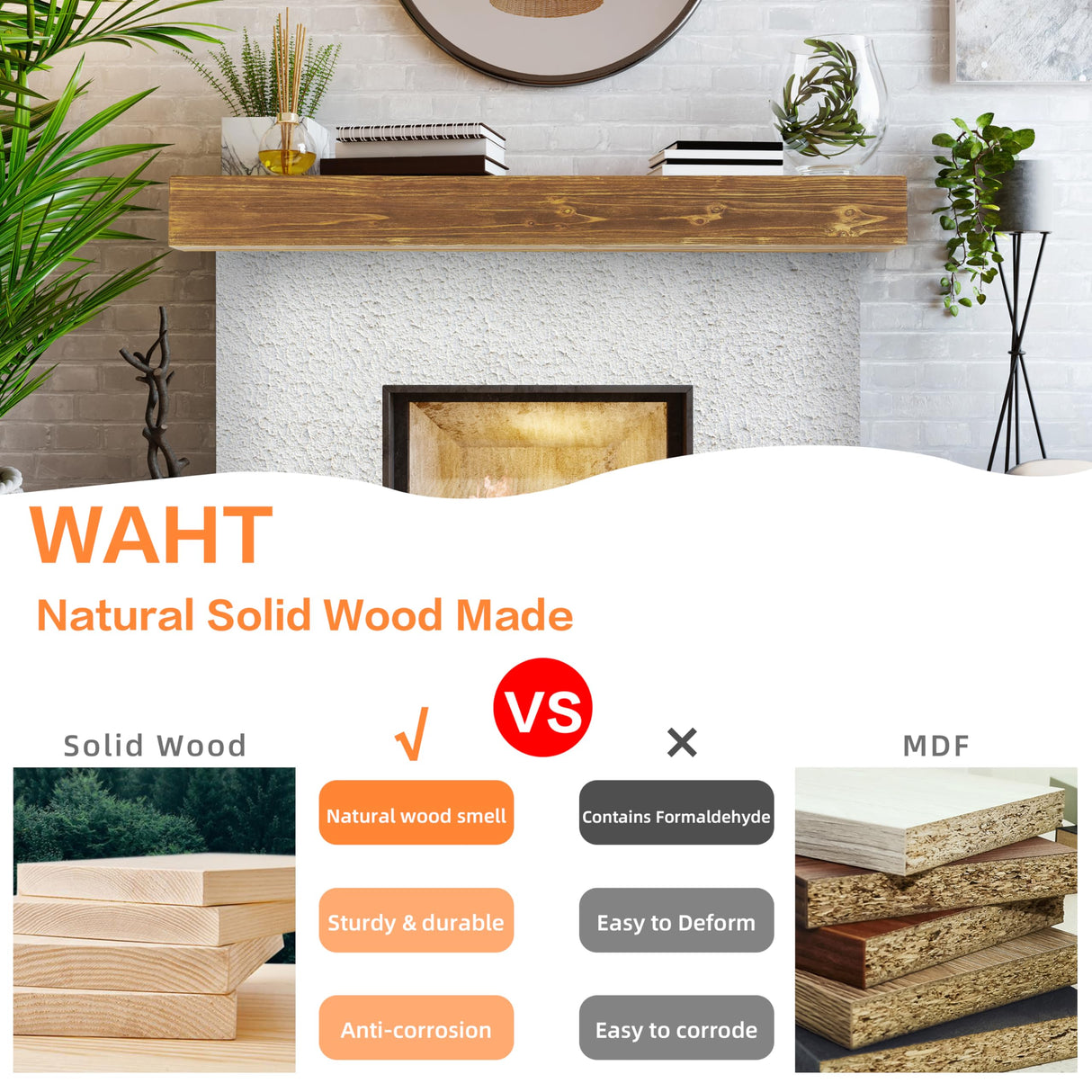 48" Rustic Wood Fireplace Mantel | Wall-Mounted & Floating Shelf for Home Decor Mederlo