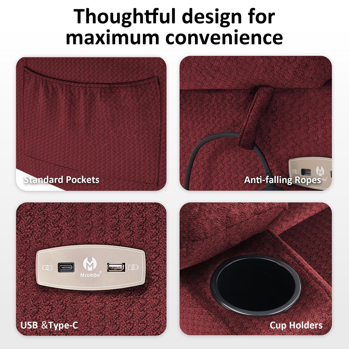 MCombo Dual Motor Power Lift Recliner Chair with Massage and Heat for Elderly People, Infinite Position, USB Ports, Cup Holders, Fabric 7679 (Medium, Burgundy) MCombo