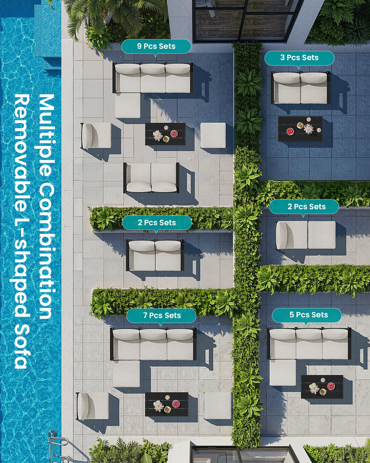 SERWALL HDPE Patio Loveseat Sofa, 2 Pieces Single Sofa, Weather-Resistant Outdoor Furniture Chair with Thick Removable Cushion, Balcony, Garden, Backyard, Poolside, Black Frame with Khaki Cushion SERWALL