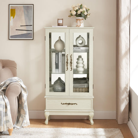 BROVAVE 52" Curio Cabinet with Adjustable Shelves and Vintage Drawer,Display Cabinet with Two Door and Lighted Glass for Living Room,Entryway,Hallway,Antique White BROVAVE