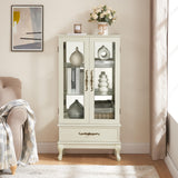 Zenvya Curio Cabinet Lighted Glass Cabinet Glass Wine Cabinet Curio Display Cabinet with Adjustable Glass Shelves 2 Doors and 1 Drawer Cabinet Sideboard with Bulb Included (Antique White) Zenvya