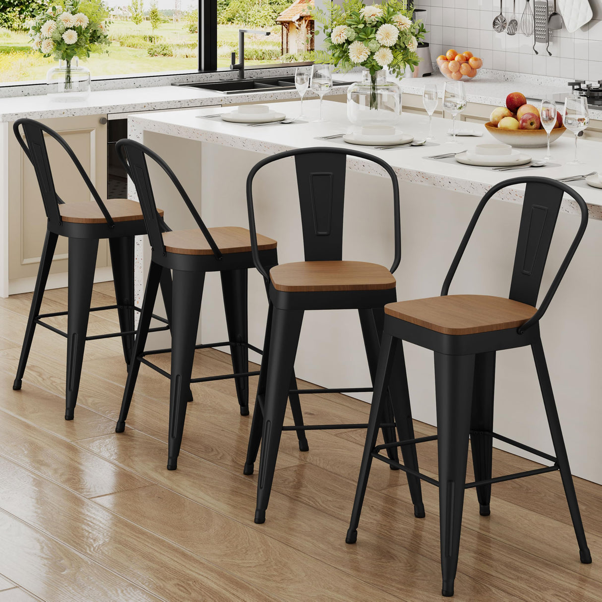 Andeworld Metal Bar Stools Set of 4, 24 inch Counter Height Barstools with Backs Farmhouse Modern High Back Bar Stools with Larger Seat Kitchen Dining Bar Chairs,Matte Black Andeworld