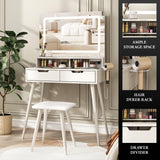 Fameill Small Makeup Vanity Desk Lighted Mirror&Stool,Vanity Table Set with Storage Drawer & Chair,White Vanity for Girls with Power Strip,Vanity Table for Bedroom,White Fameill