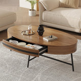 GarveeHome Oval Coffee Table with Drawer Mid-Century Modern Center Table 47.2“ Wooden Coffee Table with Storage and Cross Metal Legs Unique Curved Design for Living Room (Natural) GarveeHome