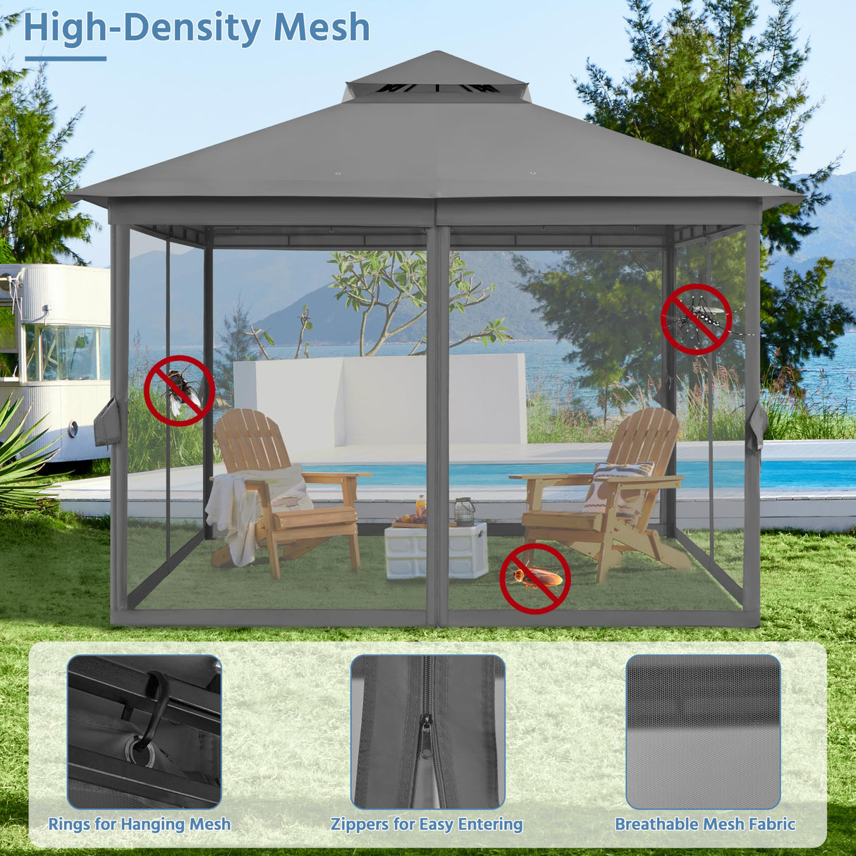 Yaheetech Patio Gazebo - 11x11 ft Outdoor Shelter Tent with Vented Top & Mesh Sidewalls & Drainage Holes, Water-Resistant for Garden/Backyard/Deck/Lawn (Dark Gray) Yaheetech