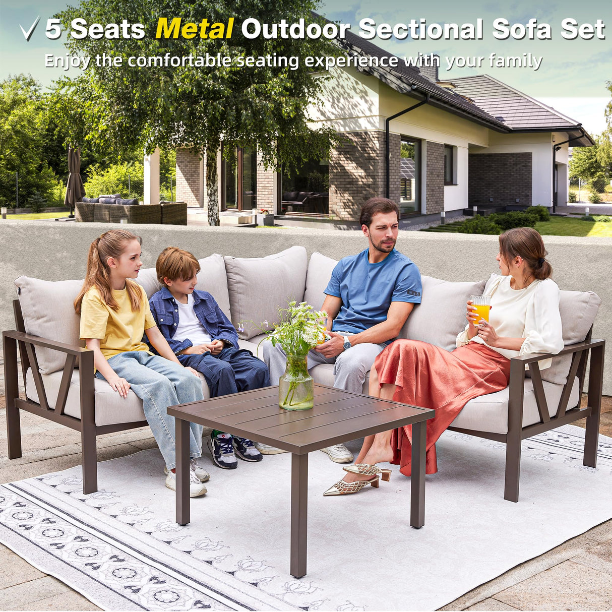 COMLAX FIELD Patio Furniture Set, 6 Pieces Outdoor Couch Sectional, L Shaped Patio Sofa, Metal Patio Couch Sectional with Side Table, Outdoor Seating Conversation Set, Beige COMLAX FIELD