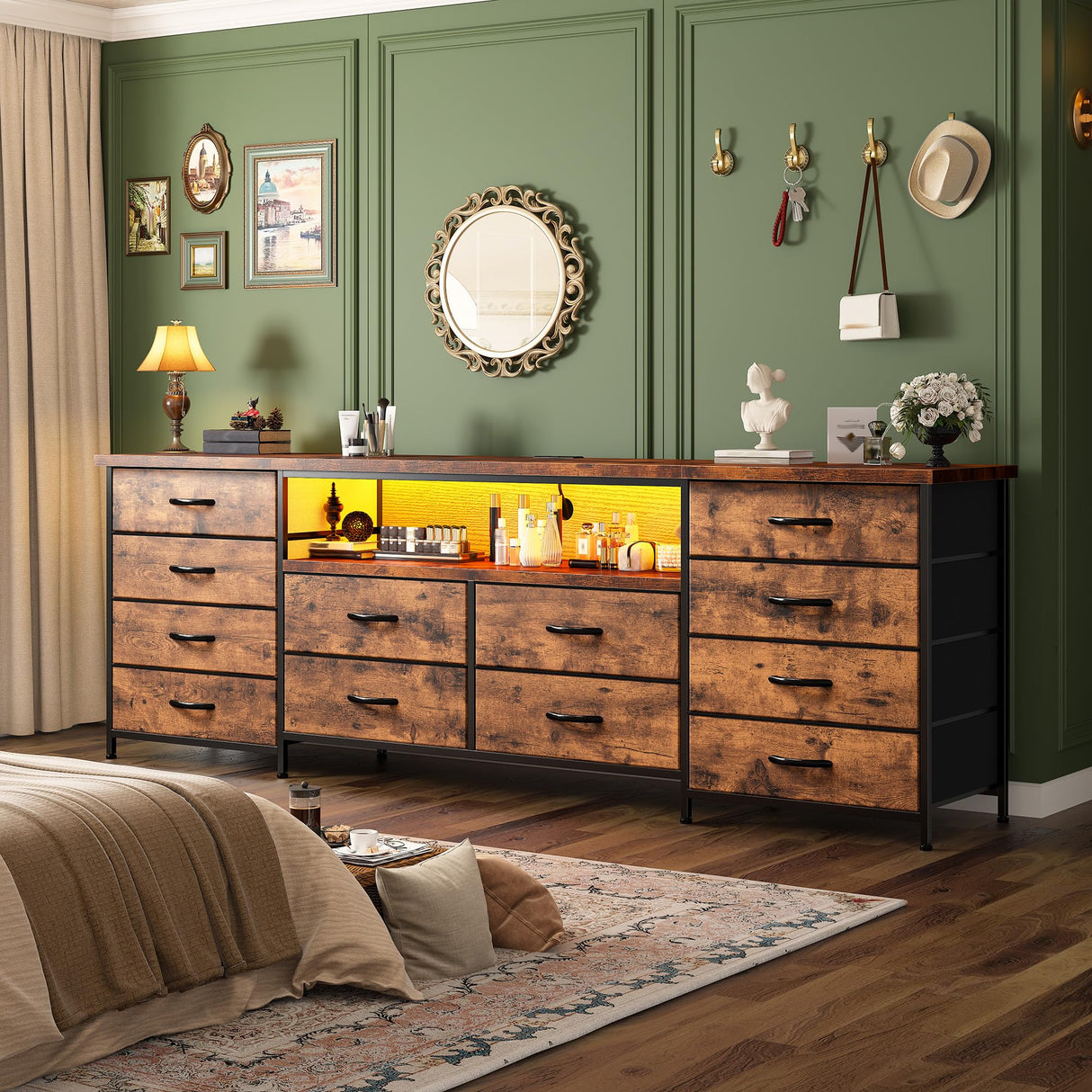 63" Long Dresser for Bedroom with 12 Fabric Drawers Entertainment Center with LED Lights & Power Outlets TV Stand for 70 Inch TV, Organizer for Bedroom, Rustic Brown Romorgniz