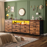 63" Long Dresser for Bedroom with 12 Fabric Drawers Entertainment Center with LED Lights & Power Outlets TV Stand for 70 Inch TV, Organizer for Bedroom, Rustic Brown Romorgniz