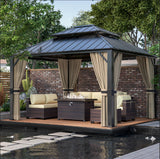 ASJMR 12x14ft Hardtop Gazebo Double Roof, outdoor pavilion with 2-layer hard top galvanized iron frame garden tent, suitable for courtyards, backyards, decks, and grass ASJMR