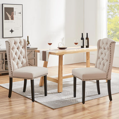 Yaheetech Dining Chairs Upholstered Fabric Chairs Tufted Kitchen Chairs with Solid Wood Legs, Nailhead Trims for Dining Room Kitchen and Restaurant, 1 Package of 2pcs, Beige - WoodArtSupply