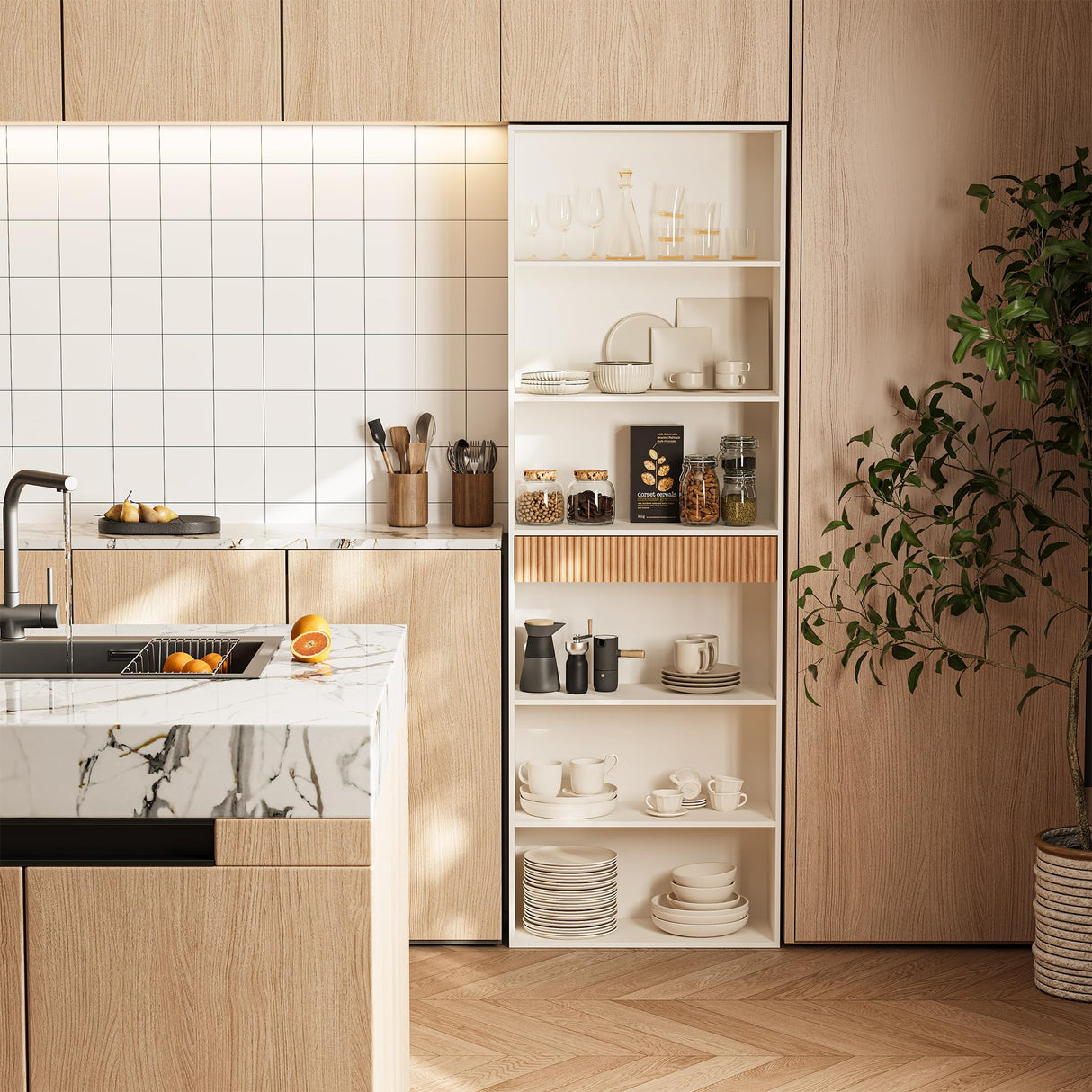 INNOD 72" Tall Bookshelf with Storage, 7-Tier Bookcase Fluted with Drawer, Display Book Shelf Book Organizer with Anti-tip Device, Home Decor Wood Furniture for Bedroom, Living Room and Office, White INNOD