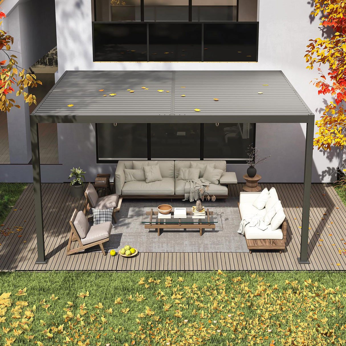 YOLENY Louvered Pergola 10x13, Wall-Mounted Aluminum Pergola with Adjustable Waterproof Roof, Outdoor Hard Top Lean-to Pergola for Backyard, Garden, Lawn, Dark Grey YOLENY