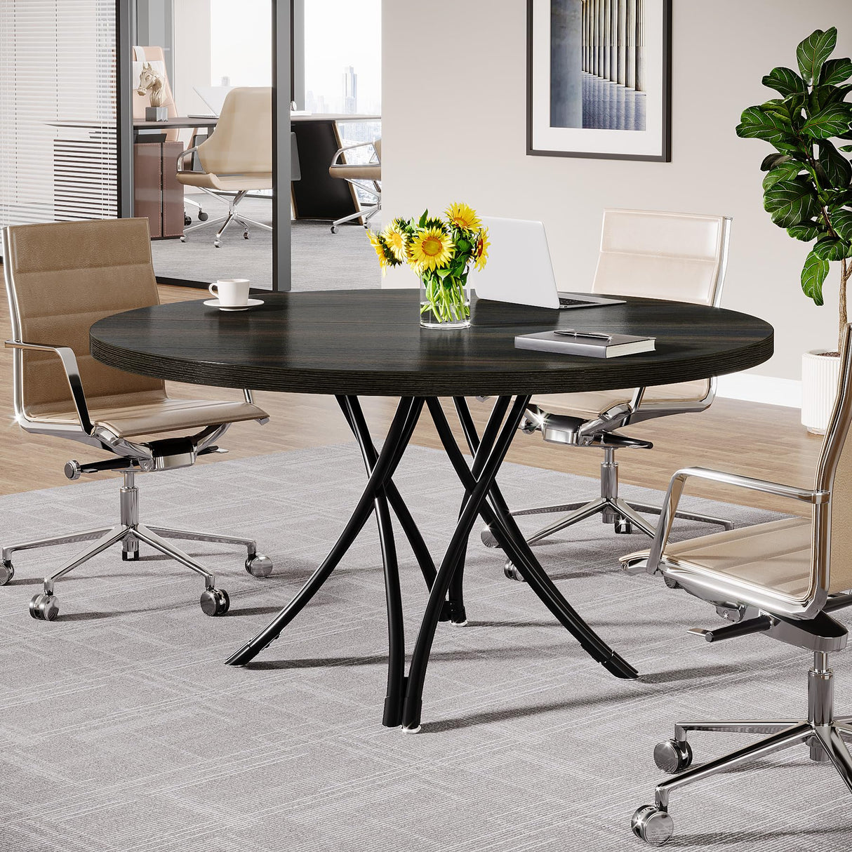 Tribesigns 47" Round Conference Table, Modern Business Meeting Table for Office Conference Room (Black) Tribesigns