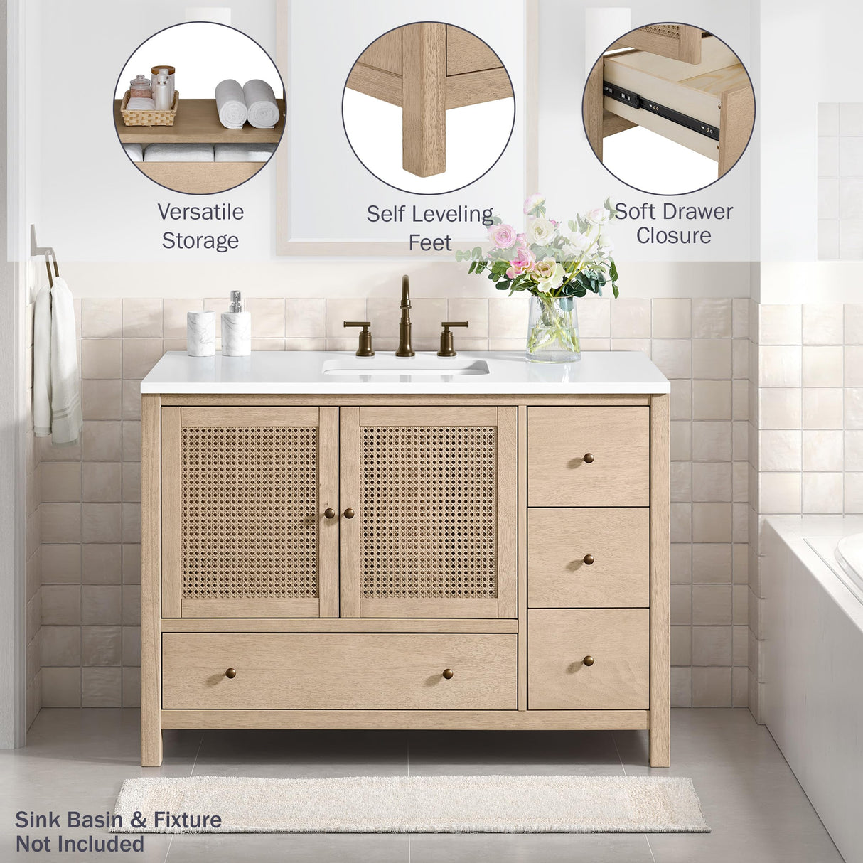 Alaterre Furniture Lucca 48 Inch Bathroom Vanity - Freestanding Cabinet Without Sink - Wood Bathroom Vanity with Large Bottom Drawer, 3 Small Drawers, and Soft-Close Doors (Natural) Alaterre Furniture