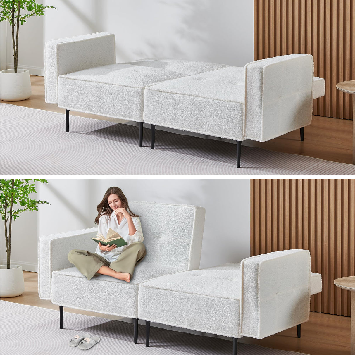 Furnify Small Loveseat for Living Room, 67" Sleeper Sofa Couch, Modern Futon with Adjustable Backrest, Comfy Two Seater Sofa for Bedroom Apartment Office, Teddy Fleece Fabric - White Furnify
