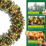 CACFTII 48in Pre-Lit Artificial Christmas Wreath, Snowflakes Christmas Wreaths with Warm White LED Lights, Pine Cones and Berries for Door, Mantel, Indoor Decorations, Xmas Holiday Decor, Green/White CACFTII