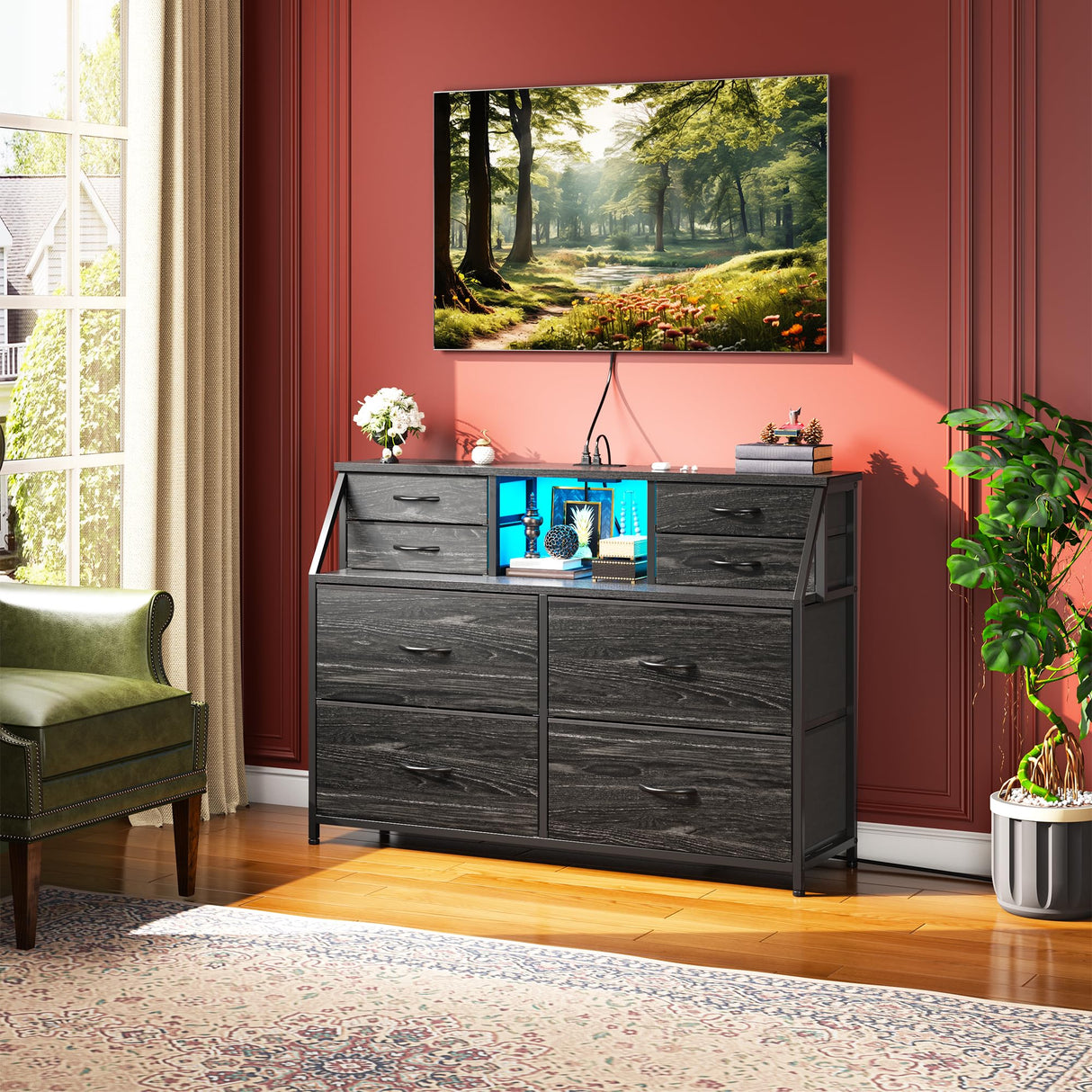 Romorgniz Dresser for Bedroom with Charging Station and LED, Sturdy Chest of Drawers with 8 Drawers and Two Open Shelves for Bedroom, Living Room,Hallway (Black) Romorgniz