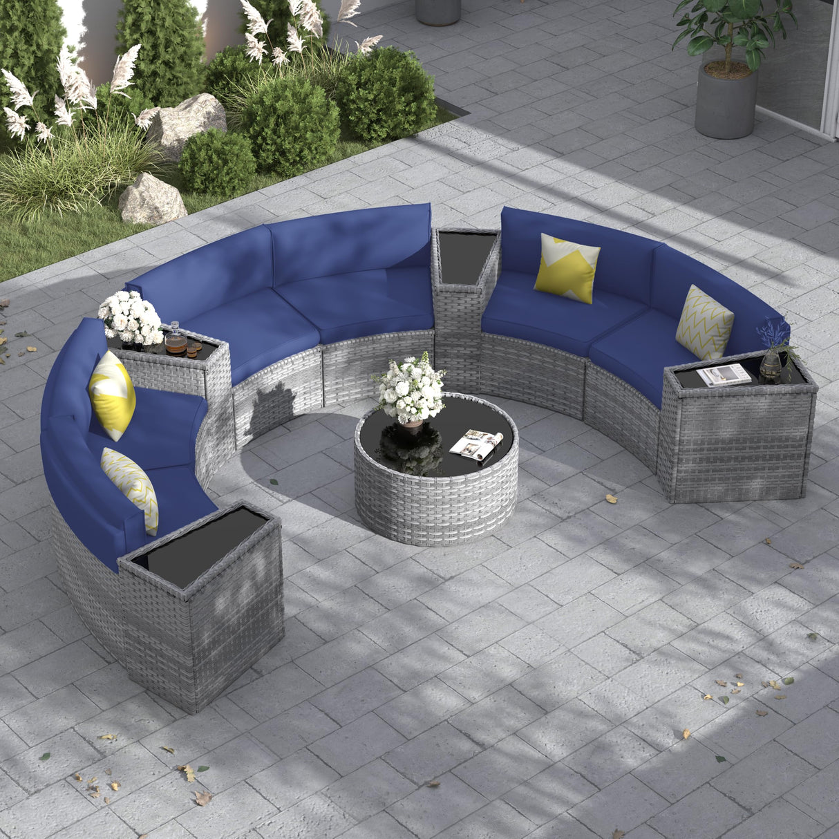 Amopatio Outdoor Patio Sectional Furniture Sets, 11 Pcs Curved Patio Couch with Storage Armrest Table and 4 Pillows, Half-Moon Outdoor Sofa Fit Porch Poolside Garden (Included Waterproof Cover) Amopatio