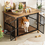 Lulive Dog Crate Furniture, Wooden Dog Kennel Indoor with Adjustable 360°& Height Dog Bowls, Double Doors Furniture Dog Crates End Table for Small/Medium 31.5" L*22.5" W*25.6" H, Brown Lulive