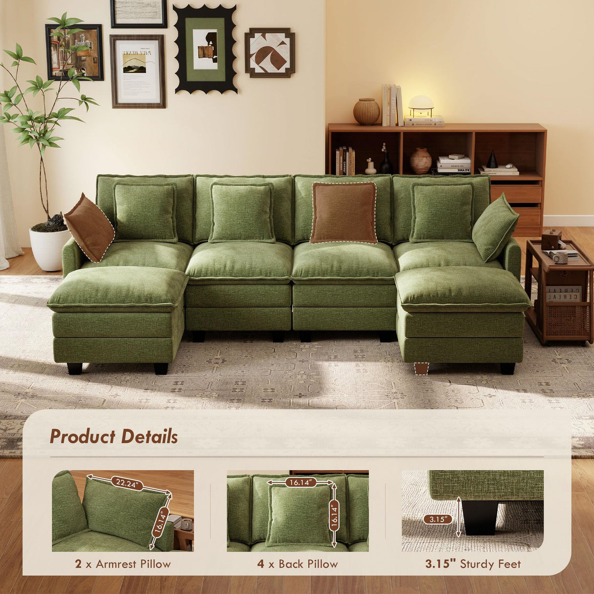Ihanherry 106" U Shaped Modular Sectional Cloud Sofa, Modern 6 Seat Chenille Couch with Ottoman for Living Room, Bedroom and Apartment, Green Ihanherry