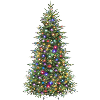 Yaheetech 7.5ft Pre-Lit Aspen Christmas Tree with 750 Multicolored LED Lights, 2136 PE & PVC Branch Tips, 9 Light Modes Lighted Artifical Noble Fir, Holiday Décor, Foldable Metal Stand