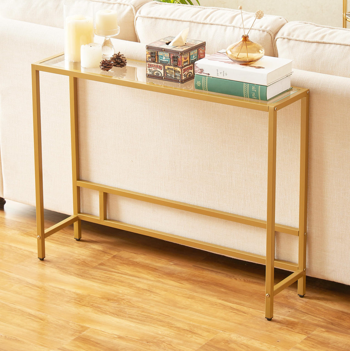 MAJARO Small Modern Console Table for Entryway, Tempered Glass with Golden Metal Frame Sofa Table for Living Room, Hallway, Office MAJARO