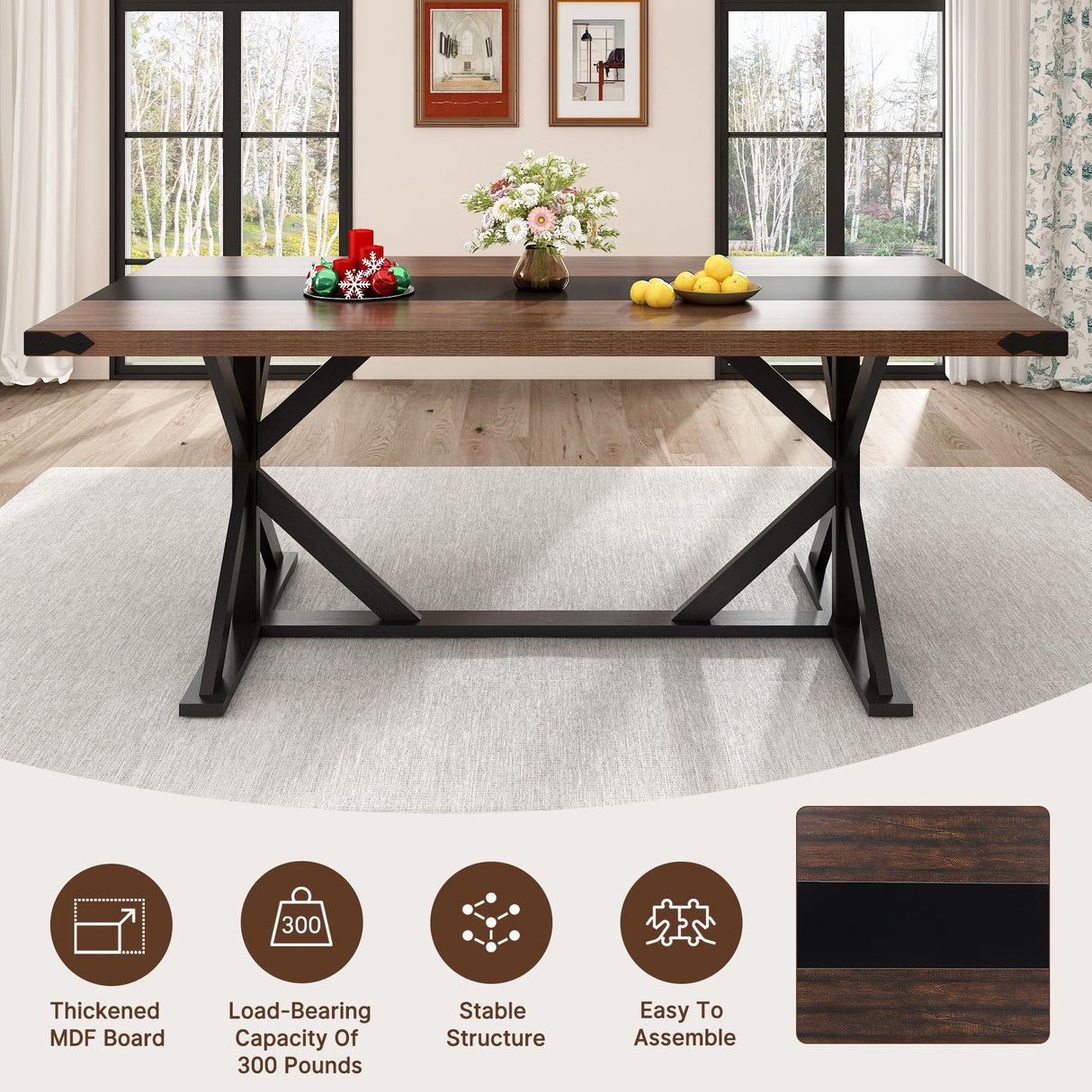 Hlivelood 71 Inch Dining Table for 6 People, Rectangular Kitchen Farmhouse Table W/Thickness Waterproof Wood Tabletop,Long Dining Room Tables W/Wood Strip Base for Kitchen Living Room(Brown&Black) Hlivelood