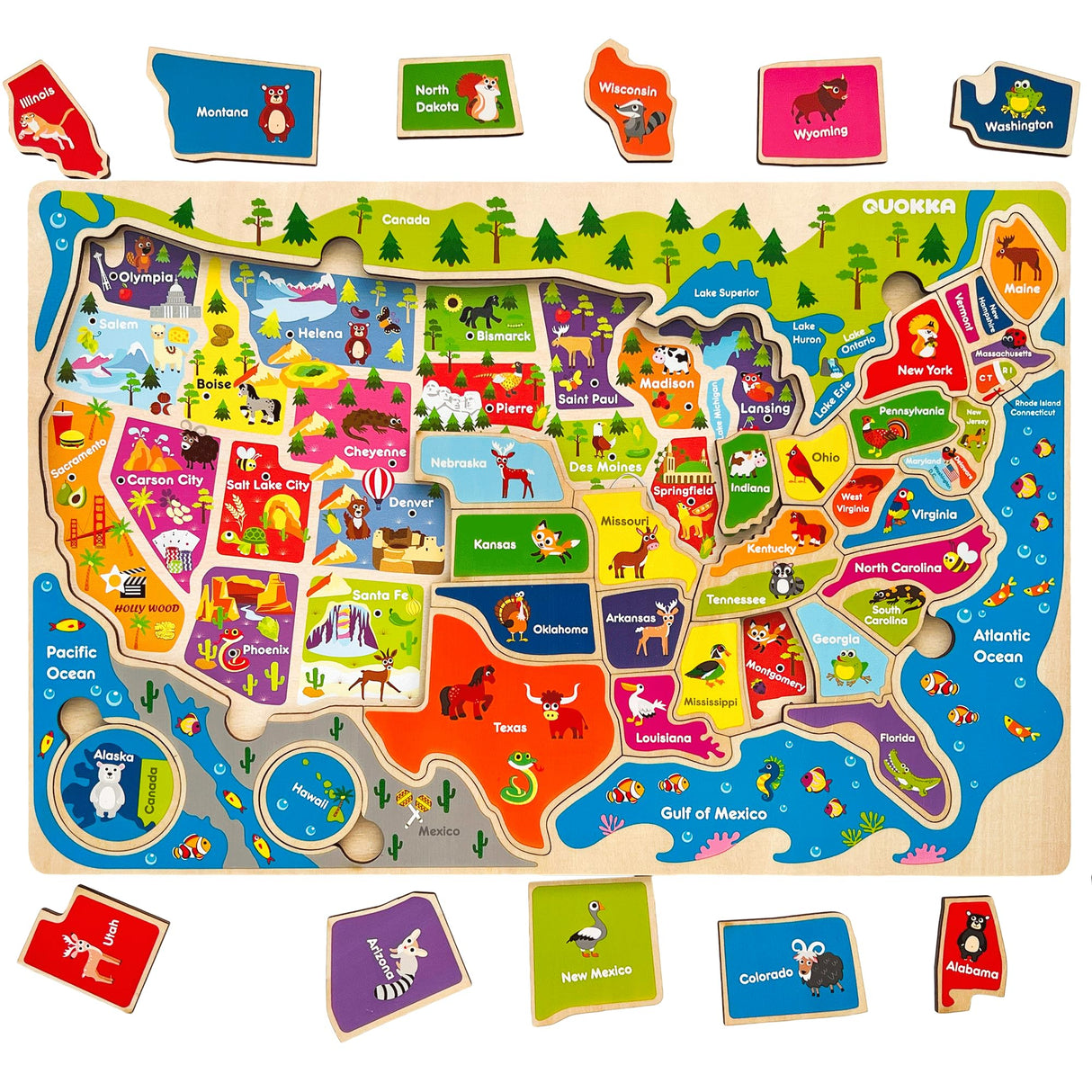 QUOKKA Wooden Puzzles for Kids Ages 4-6 – 3 Educational Wood Toddler Puzzles Ages 3-5 – Learning United States Toddler Game Puzzles Ages 2-4 – Gift World, Space and USA Maps for Boys and Girls QUOKKA