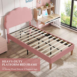 VECELO Twin Size Bed Frame, Upholstered Platform Bedframe with Height Adjustable Plush Fabric Headboard, Strong Wood Slat Supports, No Box Spring Needed, Pink VECELO