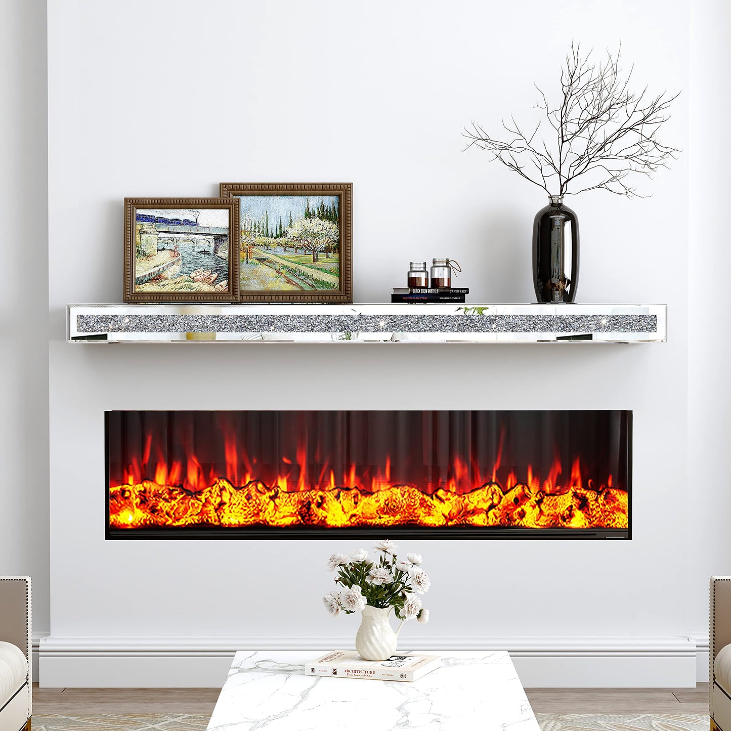 blingworld Fireplace Mantel Mirrored, 48" Glass Floating Mantel Shelf for Over Fireplace & Under TV, Gorgeous Crystal Crushed Diamond Floating Wall Shelves for Living Room, Bedroom, Kitchen, Silver