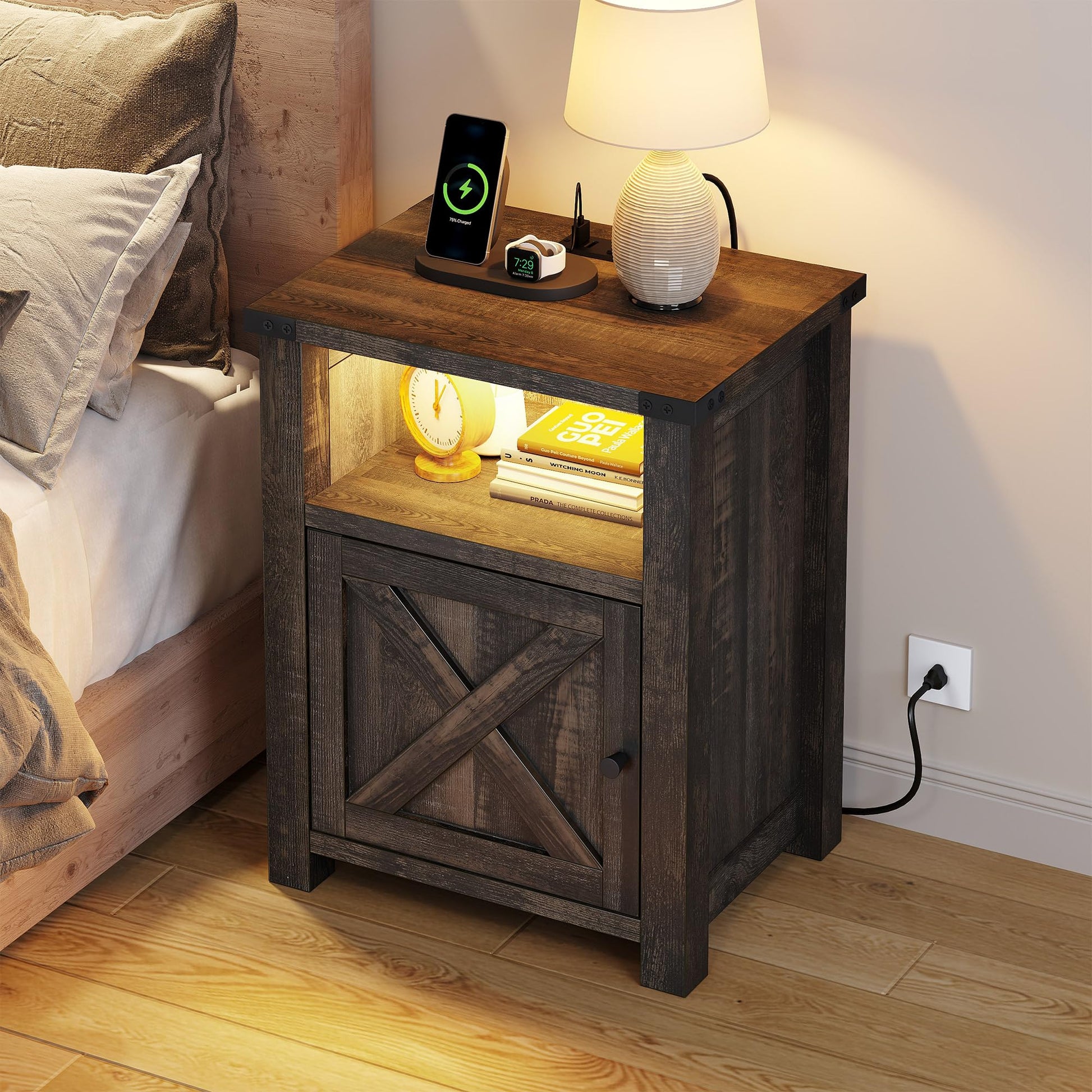 YITAHOME Farmhouse Nightstand with Charging Station & LED Lights, End Side Table with Storage Cabinet, Night Stands for Bedroom, Bedside Table with Barn Door & Storage Shelf, Dark Rustic Oak - WoodArtSupply