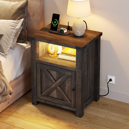 YITAHOME Farmhouse Nightstand with Charging Station & LED Lights, Small Bedside Tables Side Tables Bedroom, Rustic Wood Night Stand, Brown Oak